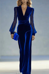Solid Color Velvet V-neck Long-sleeved Elegant Fitted Jumpsuit