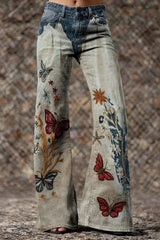 Women's Retro Butterfly And Floral Art Print Casual Washed Cotton Pants