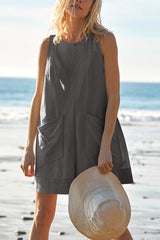 Solid Color Casual Round Neck Sleeveless Pocket Loose Rompers