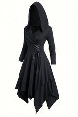 Vintage Asymmetrical Hem Long Sleeve Hooded Dress For Spring & Fall
