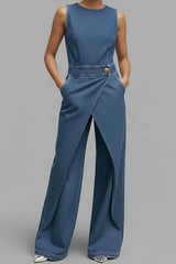 Women's Relaxed Round Neck Sleeveless Casual Loose Denim Wide-Leg Jumpsuit
