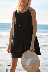 Solid Color Casual Round Neck Sleeveless Pocket Loose Rompers