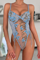 Butterfly Embroidered Sheer Mesh Patchwork Tie-Waist Bodysuit