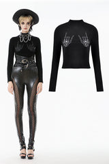 Punk Skeleton Hand Leather Appliqué Embroidered Mock Neck Tee