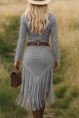 Retro Western Lapel Zipper Long Sleeve Tassel Midi Dress