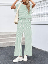 Striped Short Sleeve T-Shirts Wide Leg Pants Two Piece Set (Buy 2 Free Shipping)