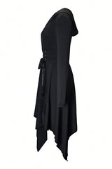 Vintage Asymmetrical Hem Long Sleeve Hooded Dress For Spring & Fall