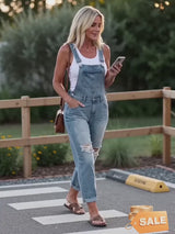 Blue Casual Plain Denim Ripped Jumpsuit