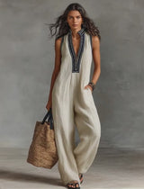 Women's Minimalist Linen Blend Sleeveless Jumpsuit With Zipper And Stand Collar, Featuring Embroidery
